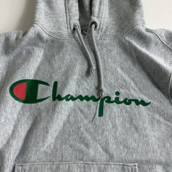Champion Reverse Weave Double Sided Graphic Pullover Hoodie Sweatshirt Red Gray - Picture 4 of 13